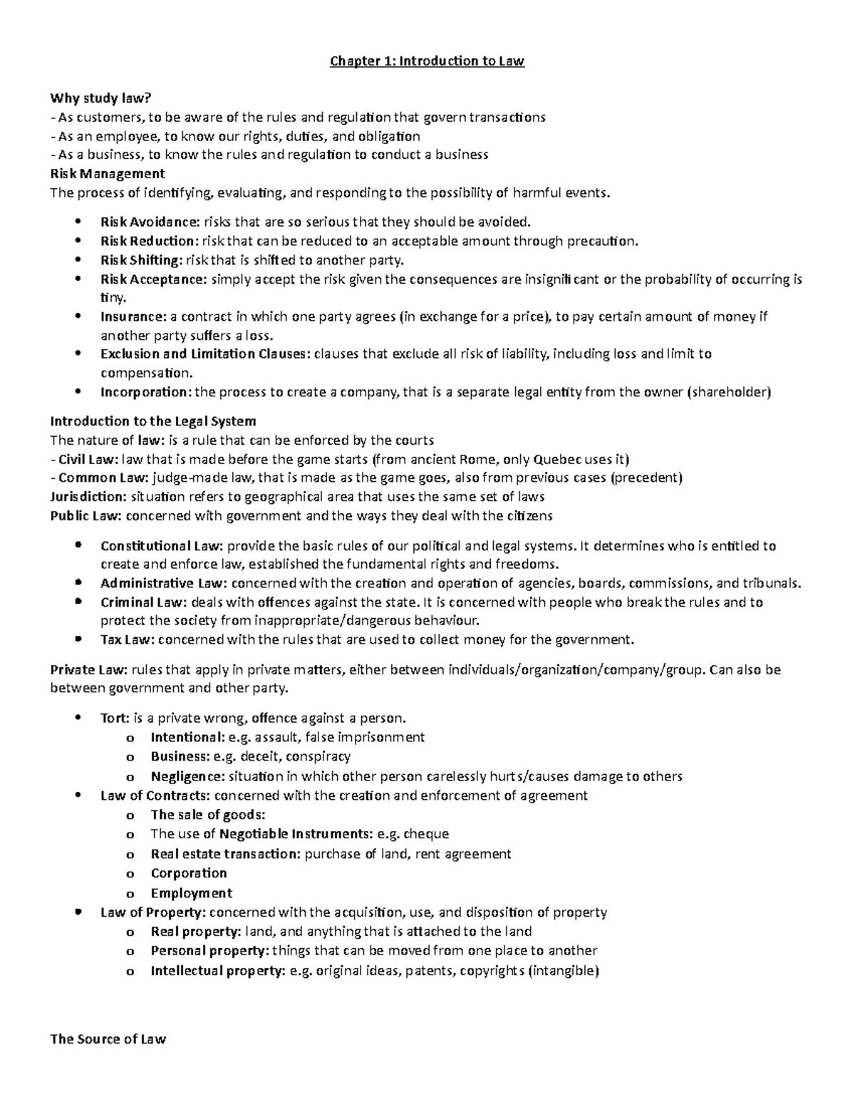 Blaw notes - Midterm Exam review - Chapter 1: Introduction to Law Why ...