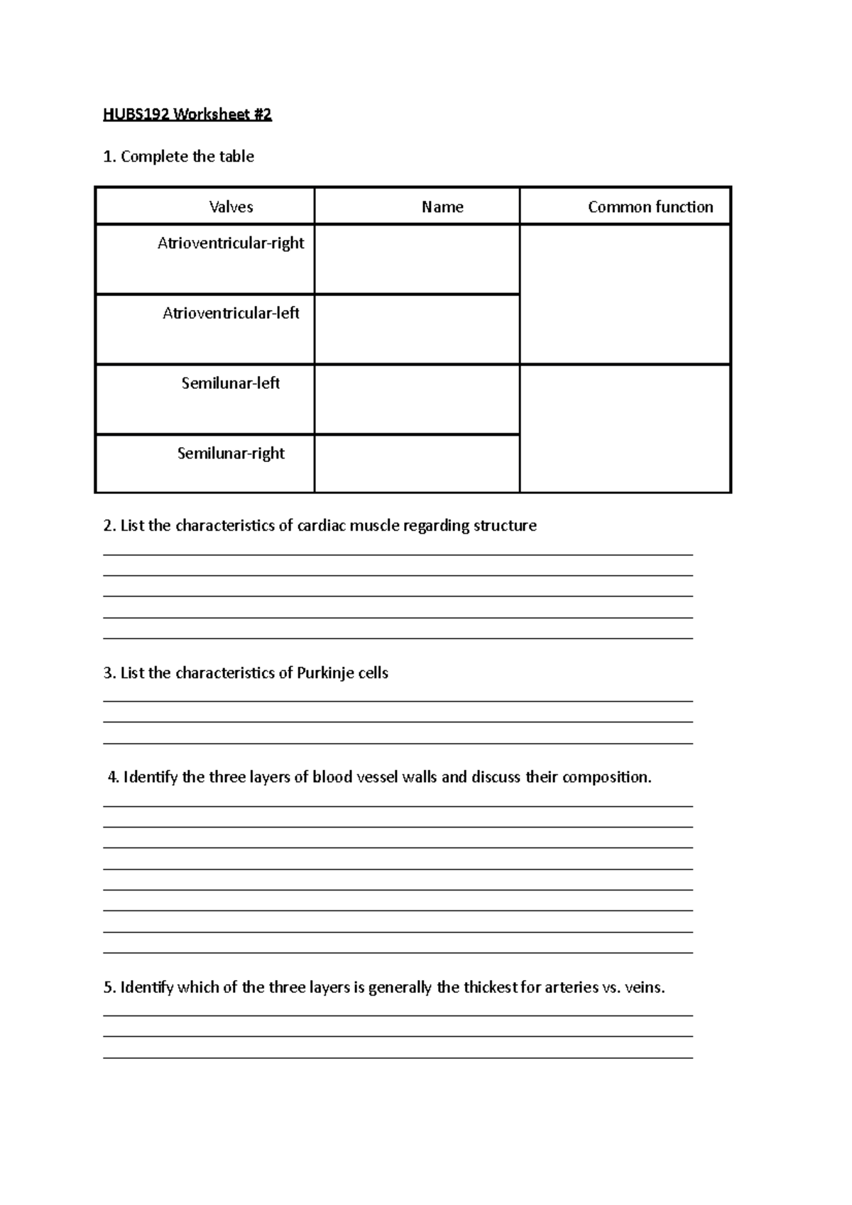 Worksheet #2 - Goid - HUBS192 Worksheet # Complete the table Valves ...