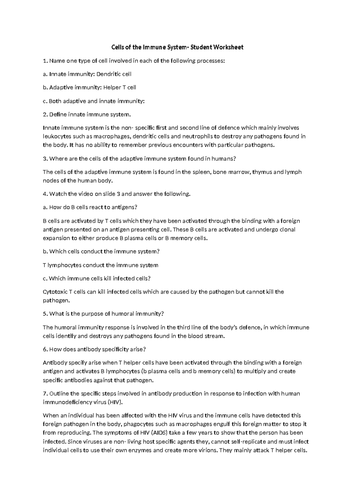 Cells of the immune system qs Cells of the Immune System Student