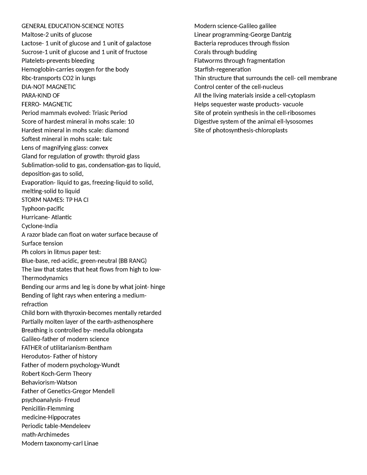 Notes - GENERAL EDUCATION-SCIENCE NOTES Maltose-2 units of glucose ...