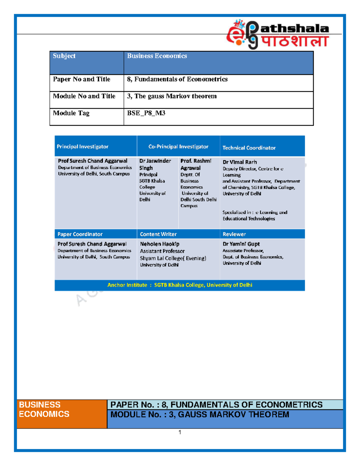 The Gauss Markov Theorem - BUSINESS ECONOMICS PAPER No. : 8 ...