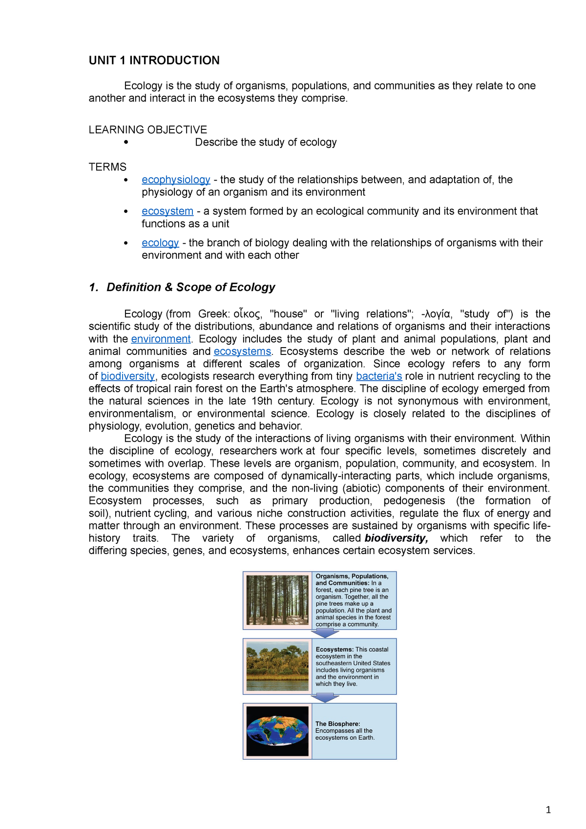 Workbook UNIT 1 Ecology - UNIT 1 INTRODUCTION Ecology Is The Study Of ...