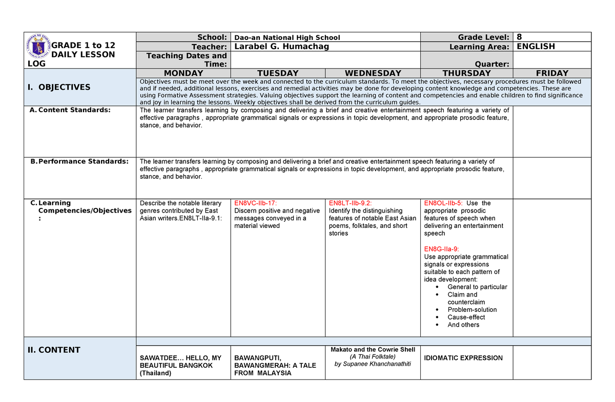 8 DLL Quarter 2 WEEK 2 - DLL - GRADE 1 to 12 DAILY LESSON LOG School ...