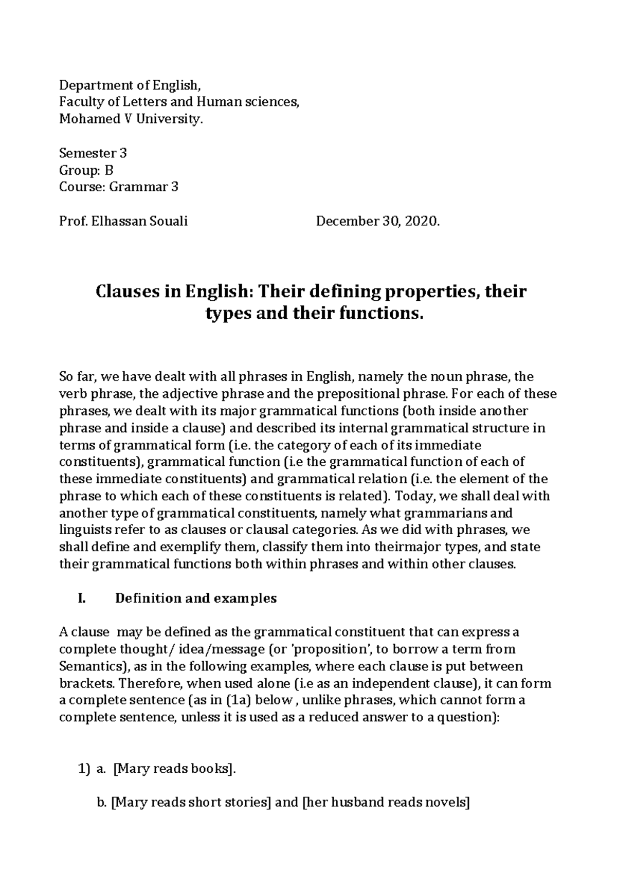 Prof. Souali, Grammar 3, Sem 3, clauses 2020 - Department of English ...