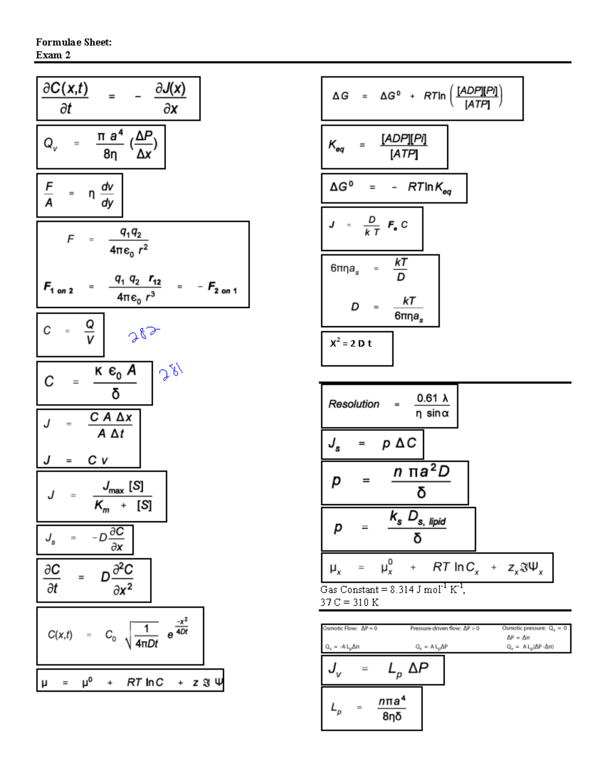Formula sheet - BIO 2053 - Formulae Sheet: Exam 2 Gas Constant = 8 J ...