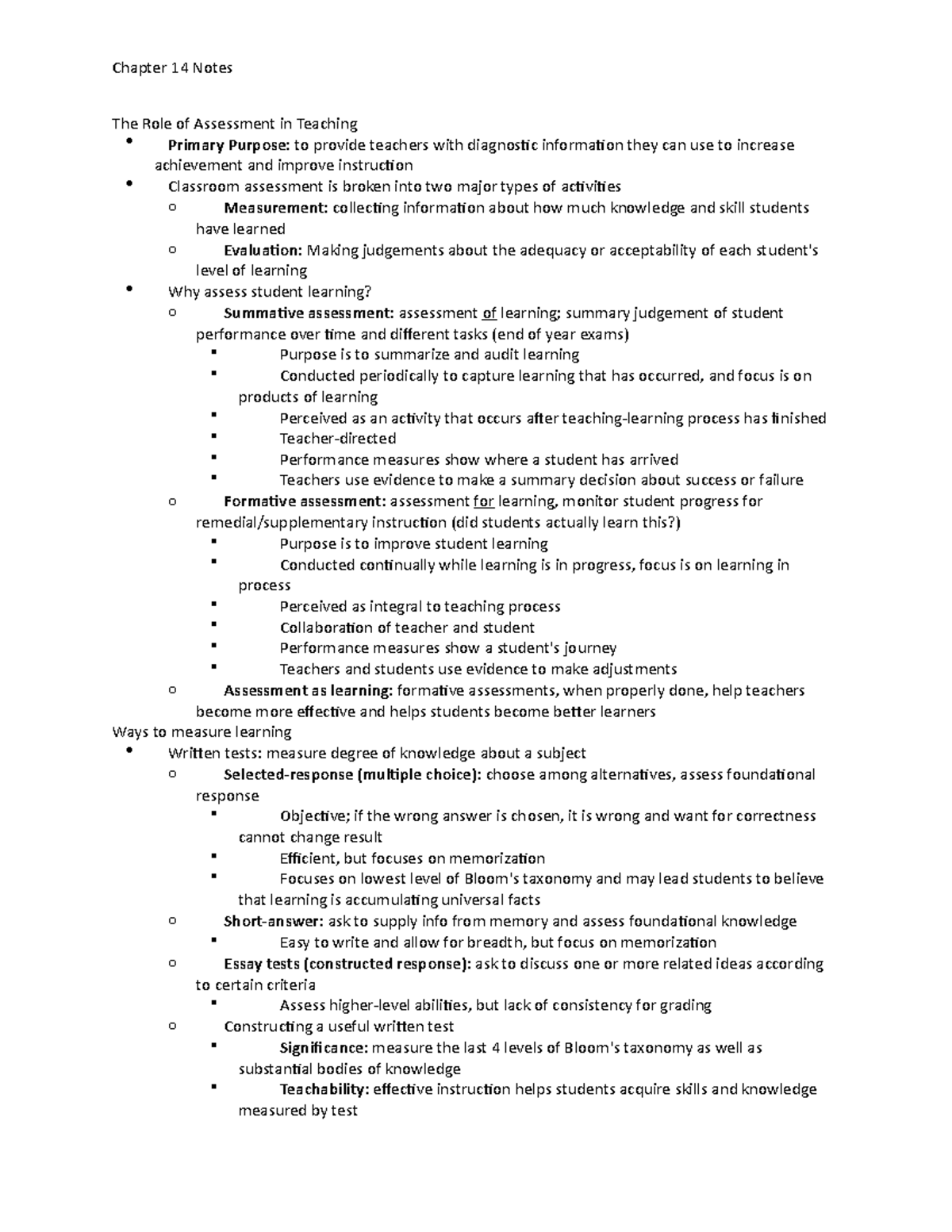 Chapter 14 Notes - Covers assessments of learning (standardized testing ...