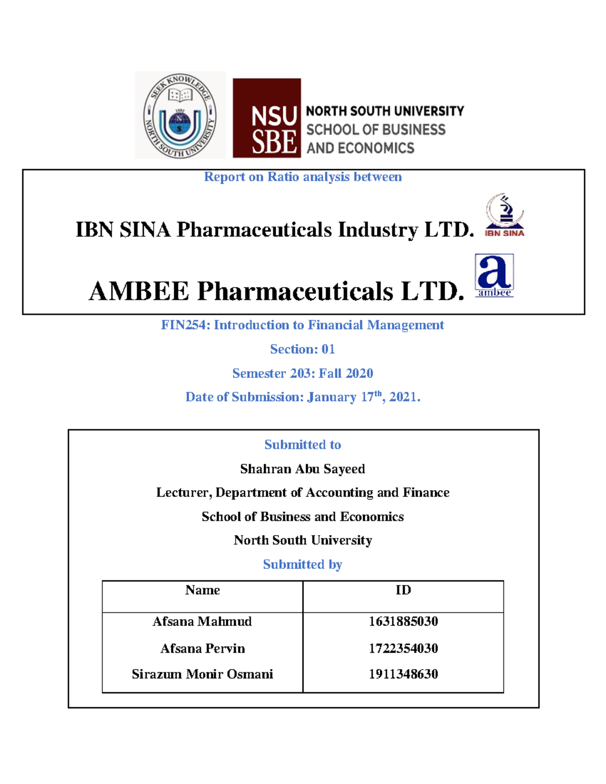 FIN254 Project 1631885030 1722354030 1911348630 Report on Ratio