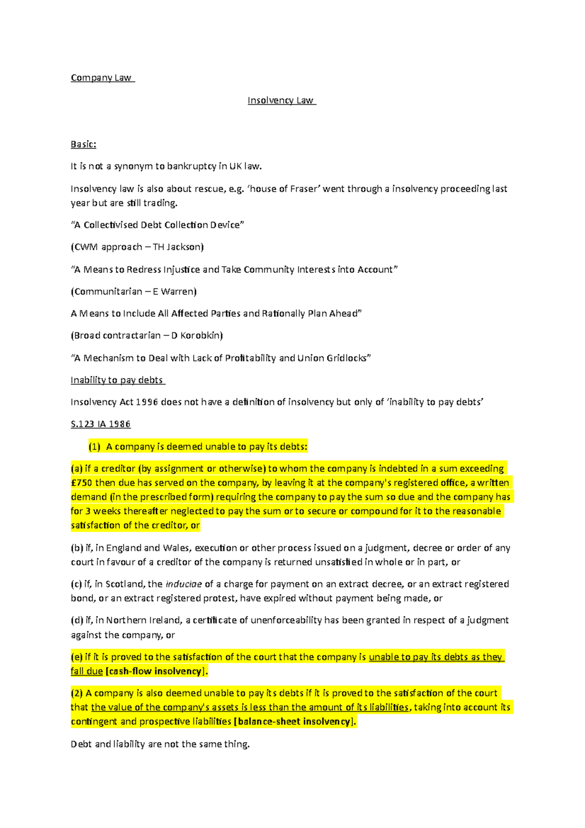 Insolvency Lecture Notes 9 Company Law Insolvency Law Basic It Is 