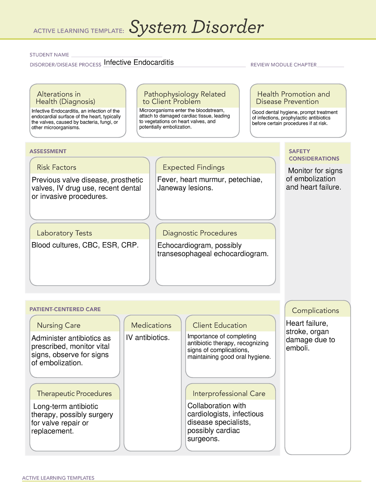 System disorder template ATI Infective Endocarditis - ACTIVE LEARNING ...