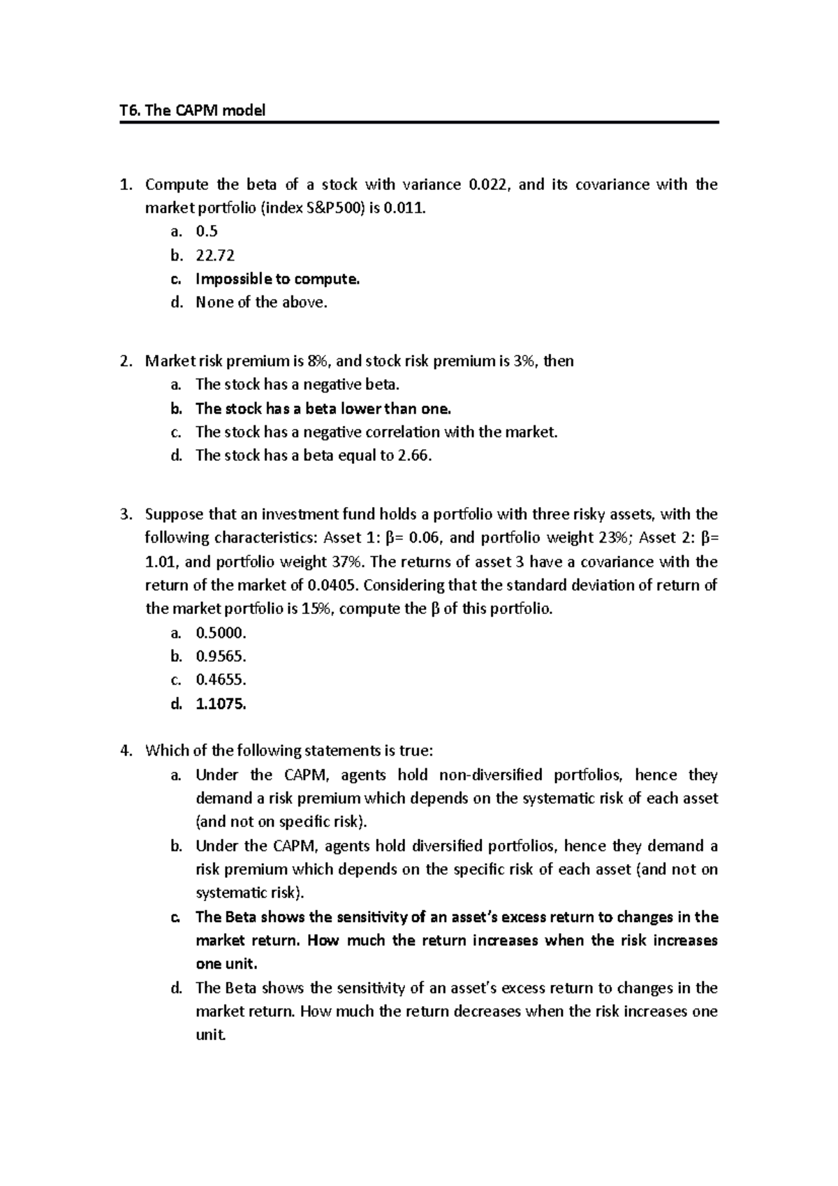 T6 ENG answers - Practice questions - T6. The CAPM model Compute the ...