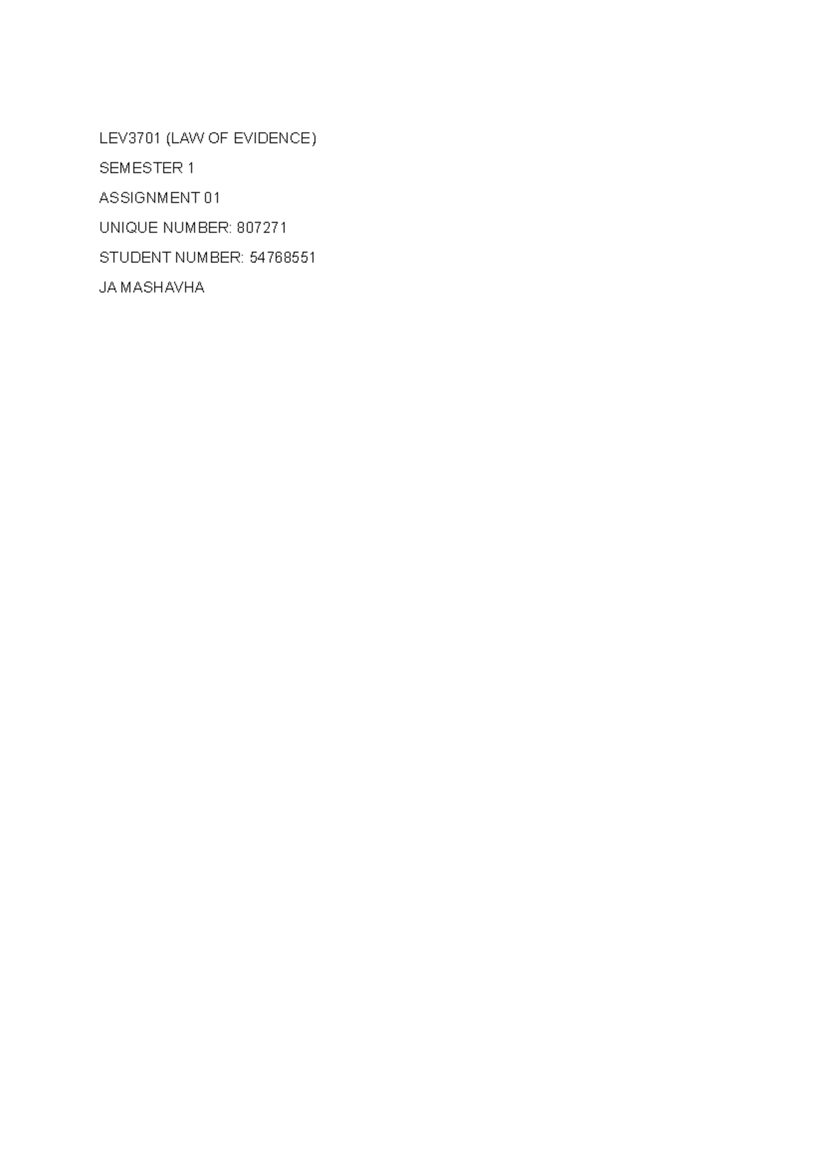 LEV3701 Assignment 1 - Lecture notes ffff - LEV3701 (LAW OF EVIDENCE ...
