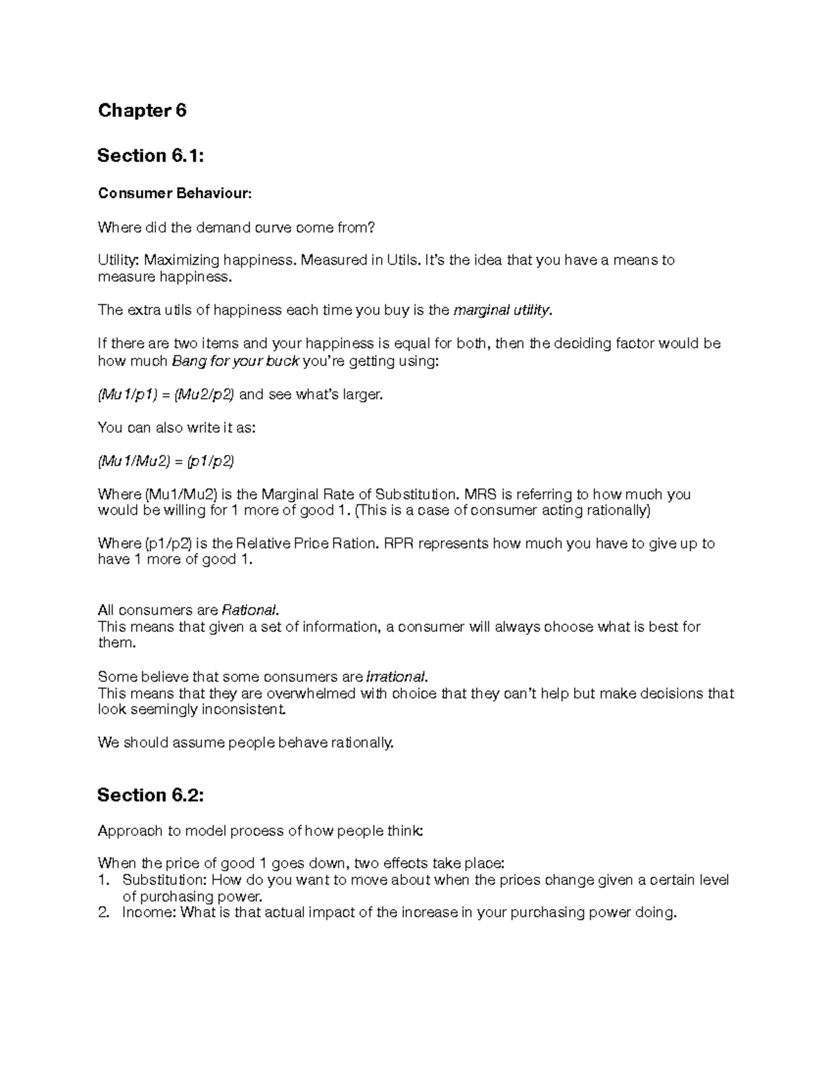 ECON 201 - Chapter 6 Notes - Chapter 6 Section 6: Consumer Behaviour ...