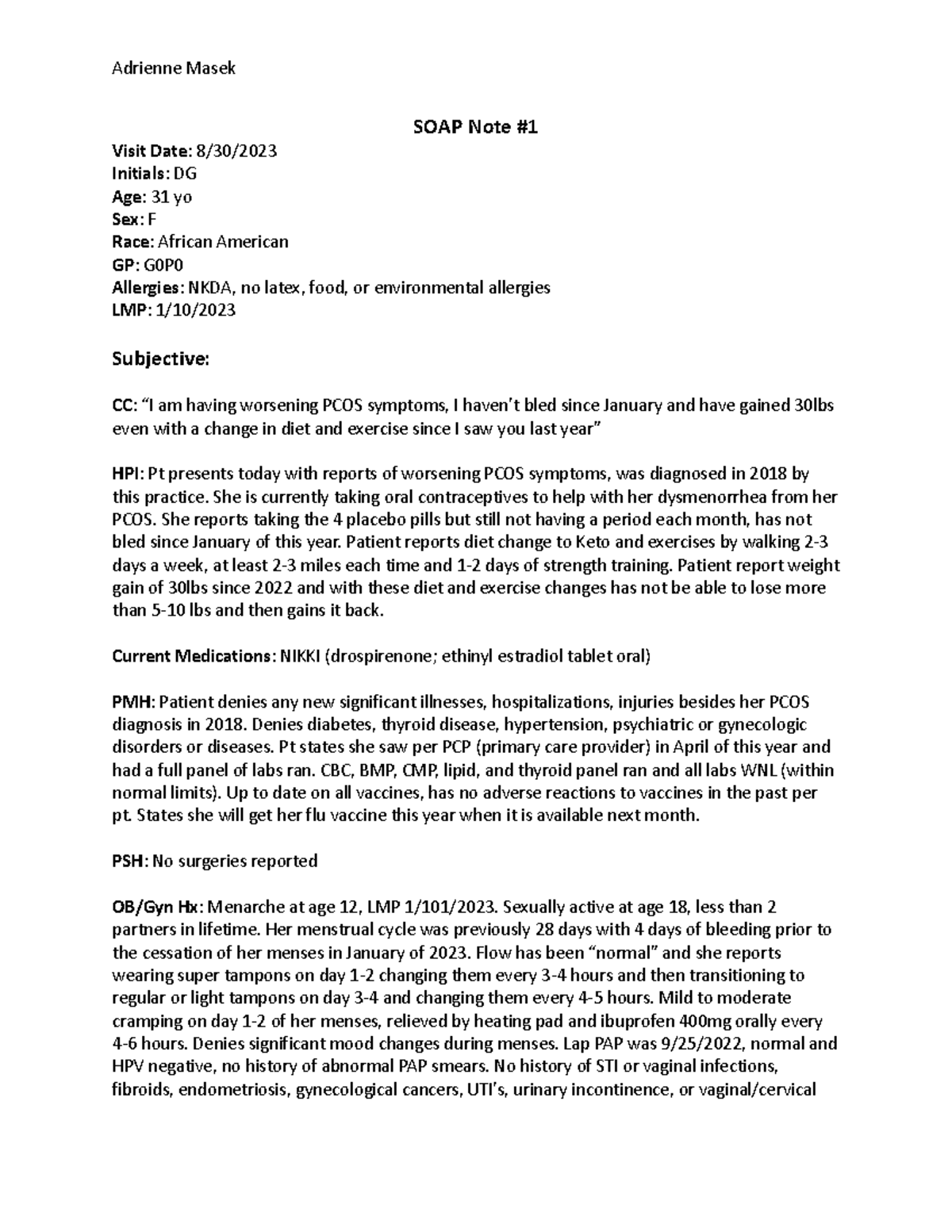 SOAP Note 1 A Masek - SOAP NOTE - SOAP Note Visit Date: 8/30/ Initials ...