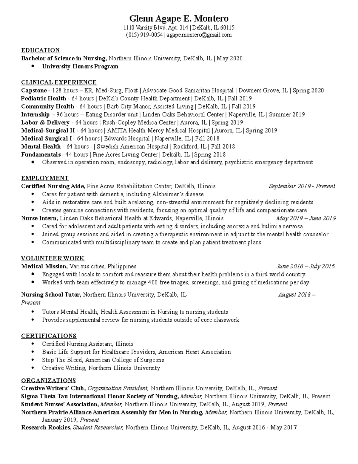 Glenn Agape Montero Resume 2020 - 1 Page - Glenn Agape E. Montero 1110 