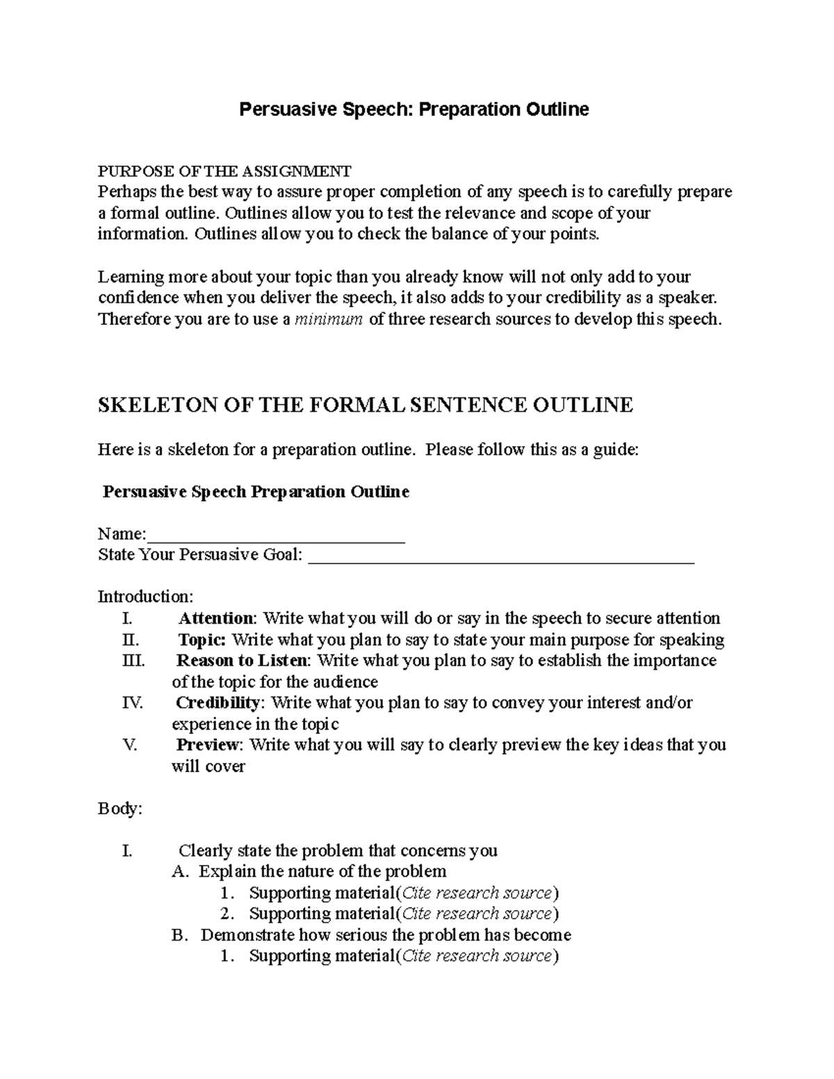 Persuasive Speech- Preparation Outline- Problm-Solution - Persuasive ...