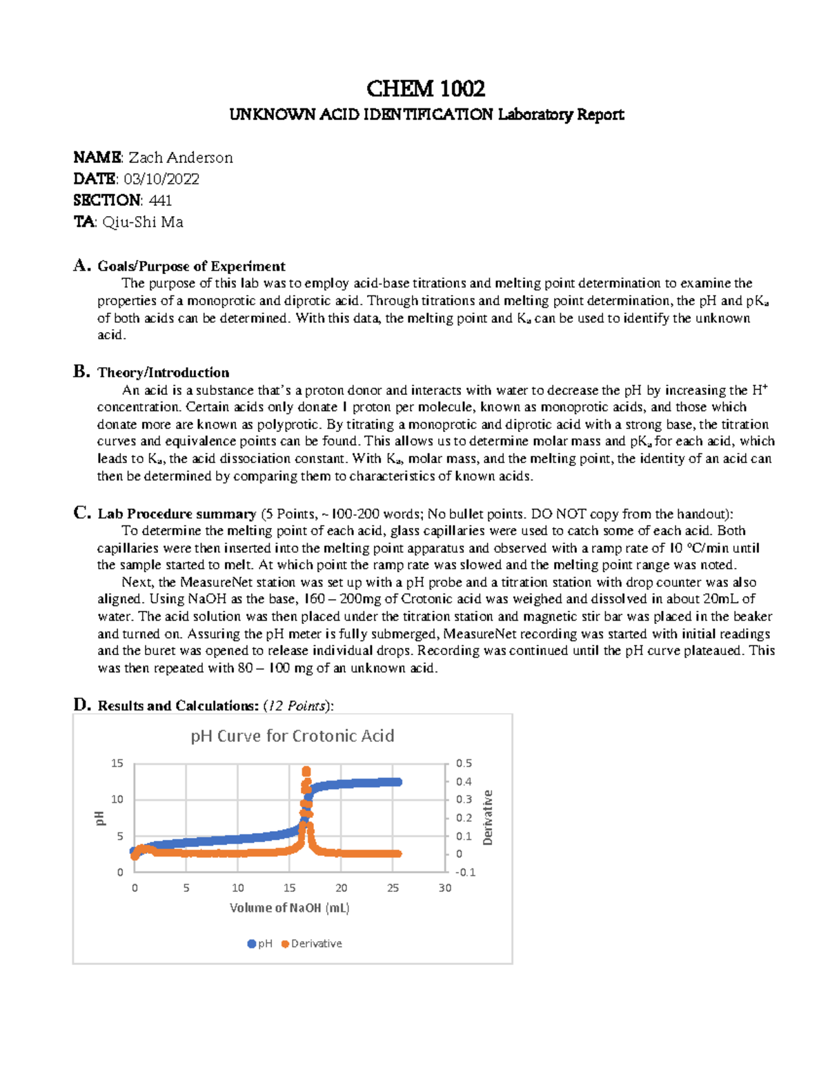 Unknown acid LAB Report template CHEM 1002 UNKNOWN ACID