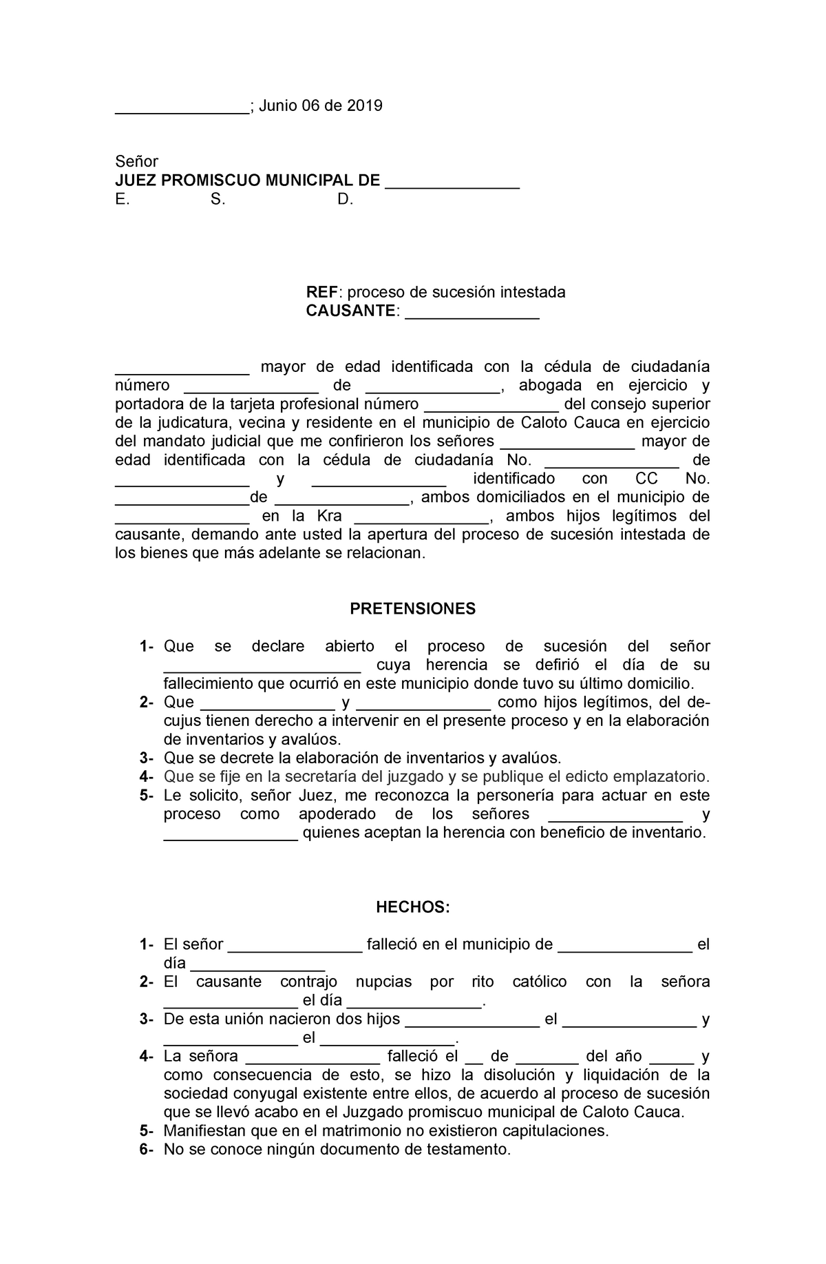 Demanda DE Sucesión Intestada DOS Hijos - ; Junio 06 de 2019 Señor JUEZ  PROMISCUO - Studocu