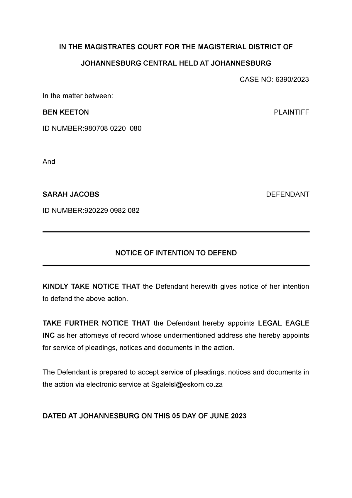 Notice OF Intention TO Defend-MOOT Summons - CRL41Y0 - UJ - Studocu