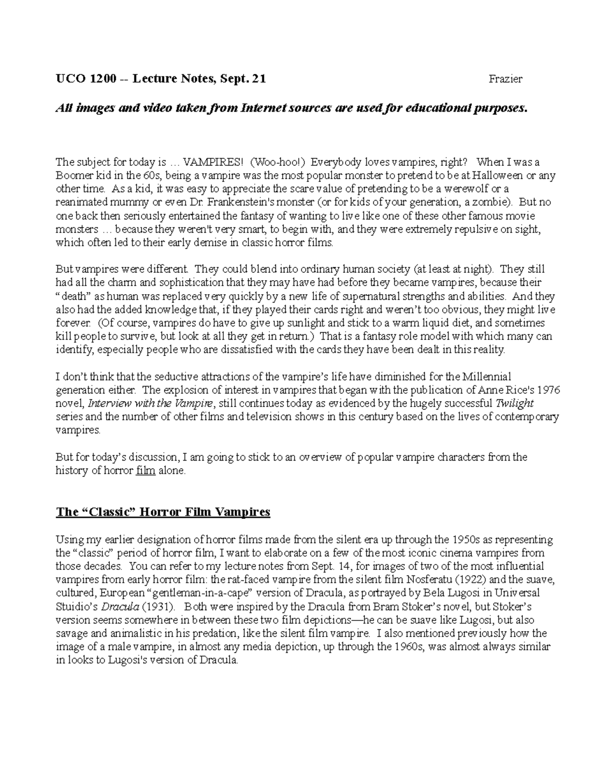 Lecture Notes, Sept. 21 (Vampires) - UCO 1200 - Lecture Notes, Sept. 21 ...