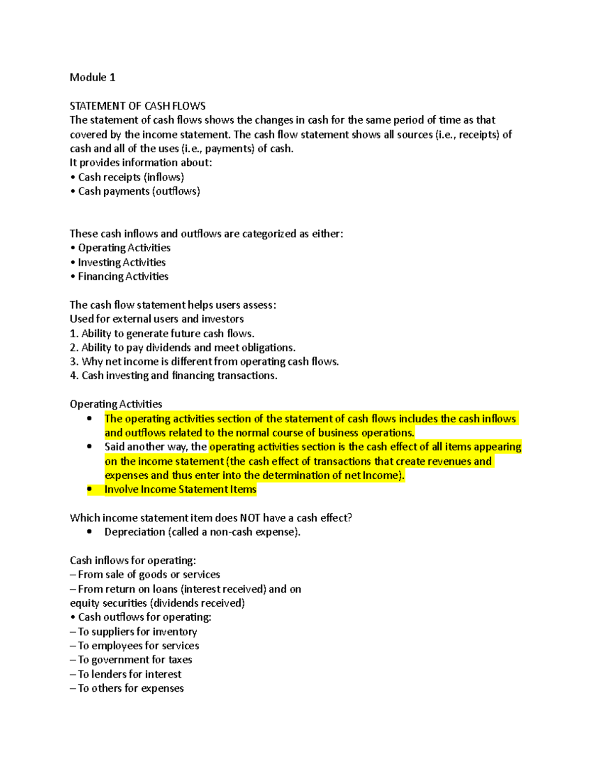 Statements of Cash Flows notes - Module 1 STATEMENT OF CASH FLOWS The ...