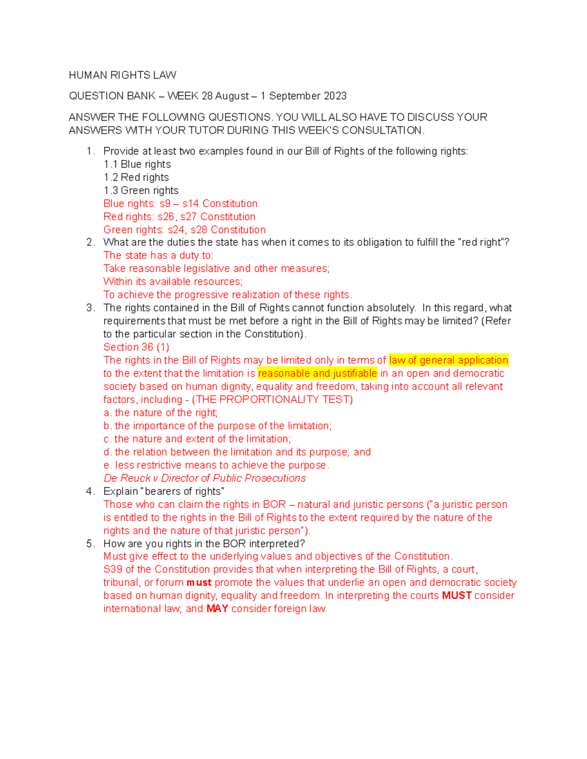 INL RED Group Question BANK week 7 - HUMAN RIGHTS LAW QUESTION BANK ...