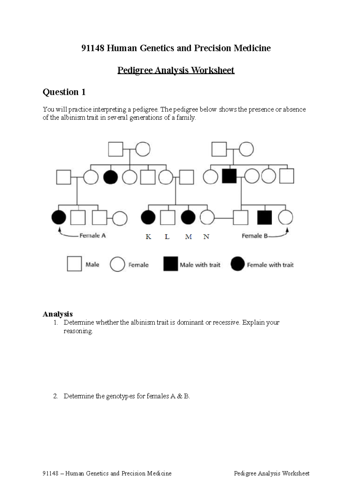 Pedigree Analysis Worksheet 1 91148 Human Genetics And Precision