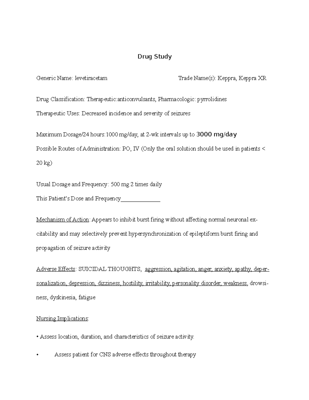Levetiracetam Drug Study - Drug Study Generic Name: levetiracetam Trade ...