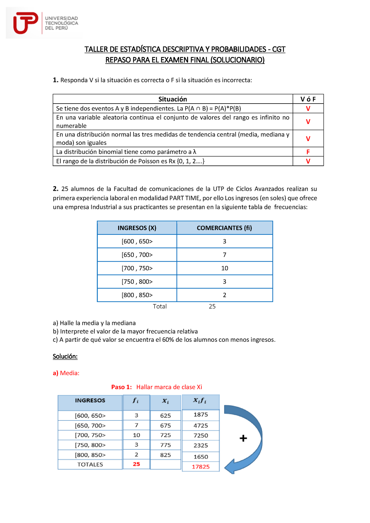 Taller Previo AL Examen Final CGT ( Solucionario) - Estadistica ...