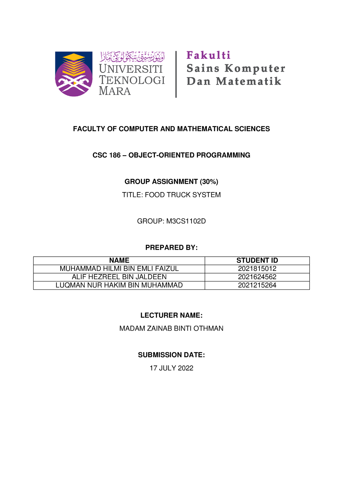 Final Report - FACULTY OF COMPUTER AND MATHEMATICAL SCIENCES CSC 186 ...