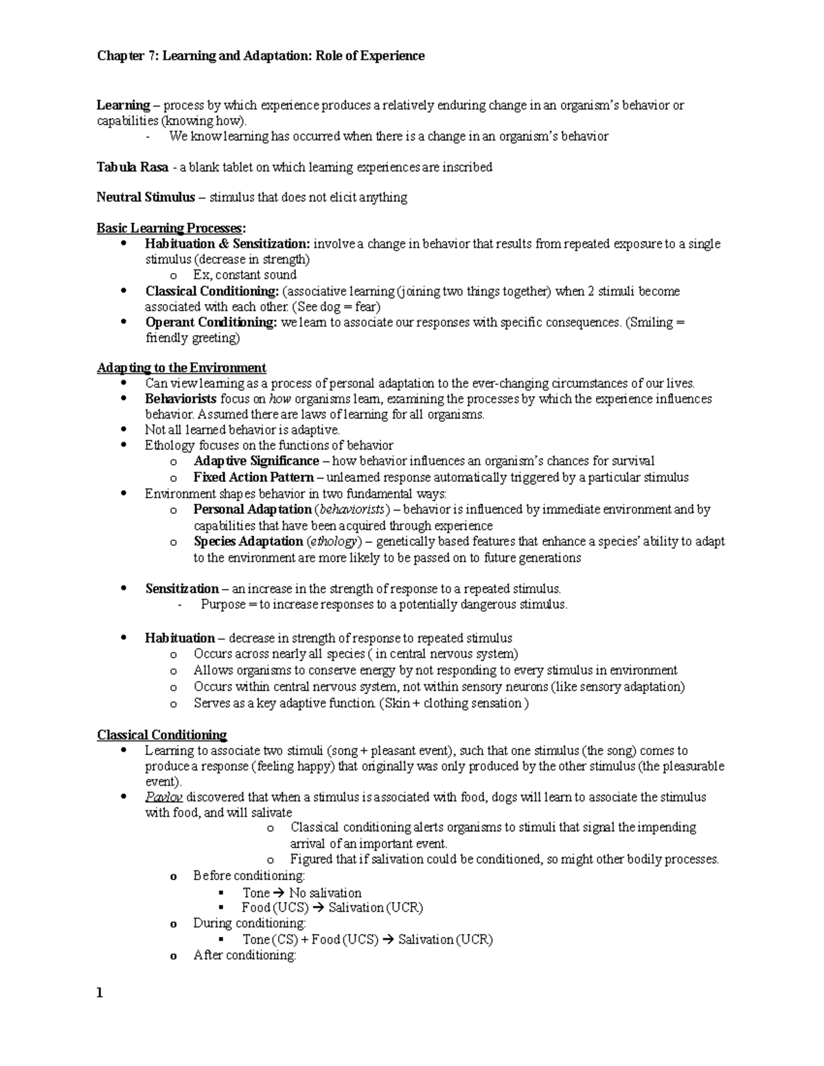 Chapter 7 - Learning - notes - Learning – process by which experience ...