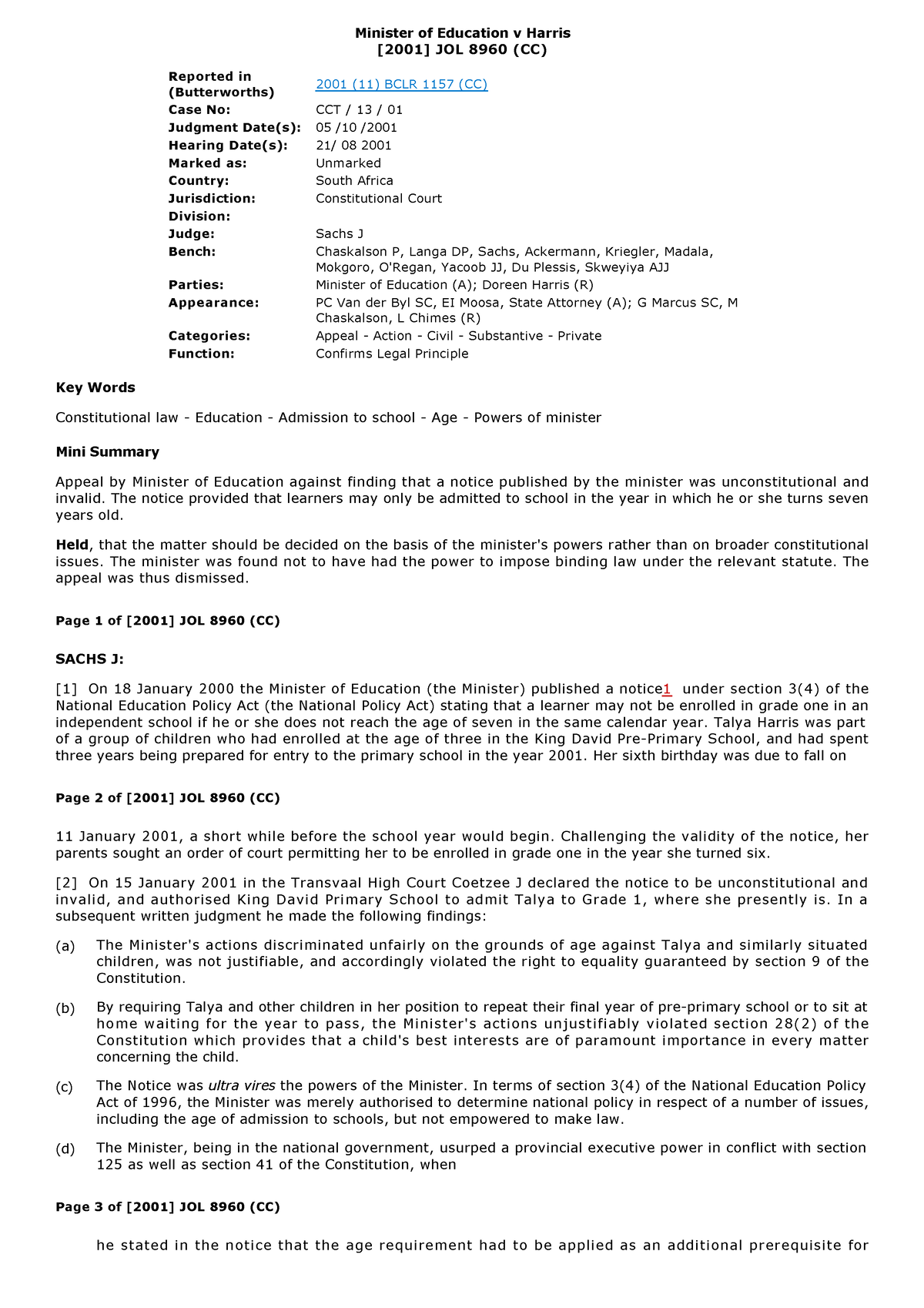 Case - Case law - Minister of Education v Harris [2001] JOL 8960 (CC ...