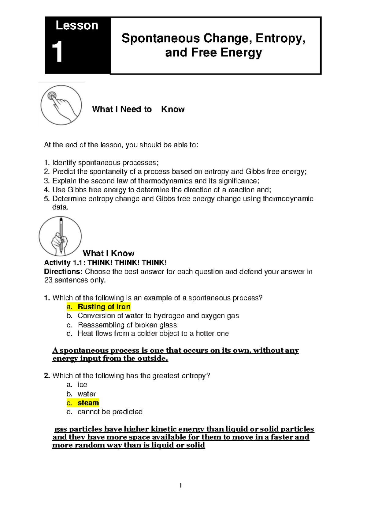 General Chemistry 2 - Lesson 1 On 1 Spontaneous Change, Entropy, And ...