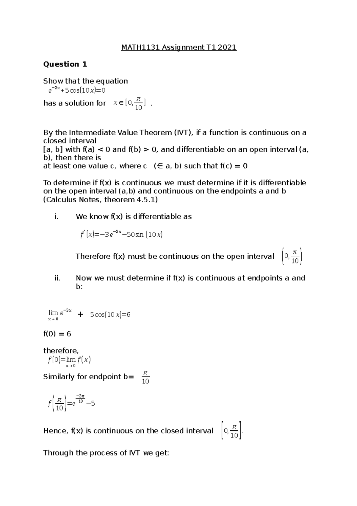 Math1131 2021 Term 1 Assignment Hd Math1131 Assignment T1 2021 Question 1 Show That The Math1131 2021 Term 1 Assignment Hd Math1131 Assignment T1 2021 Question 1 Show That The