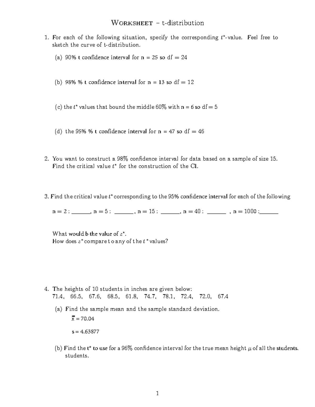 Examples t-distribution - Worksheet – t-distribution For each of the ...