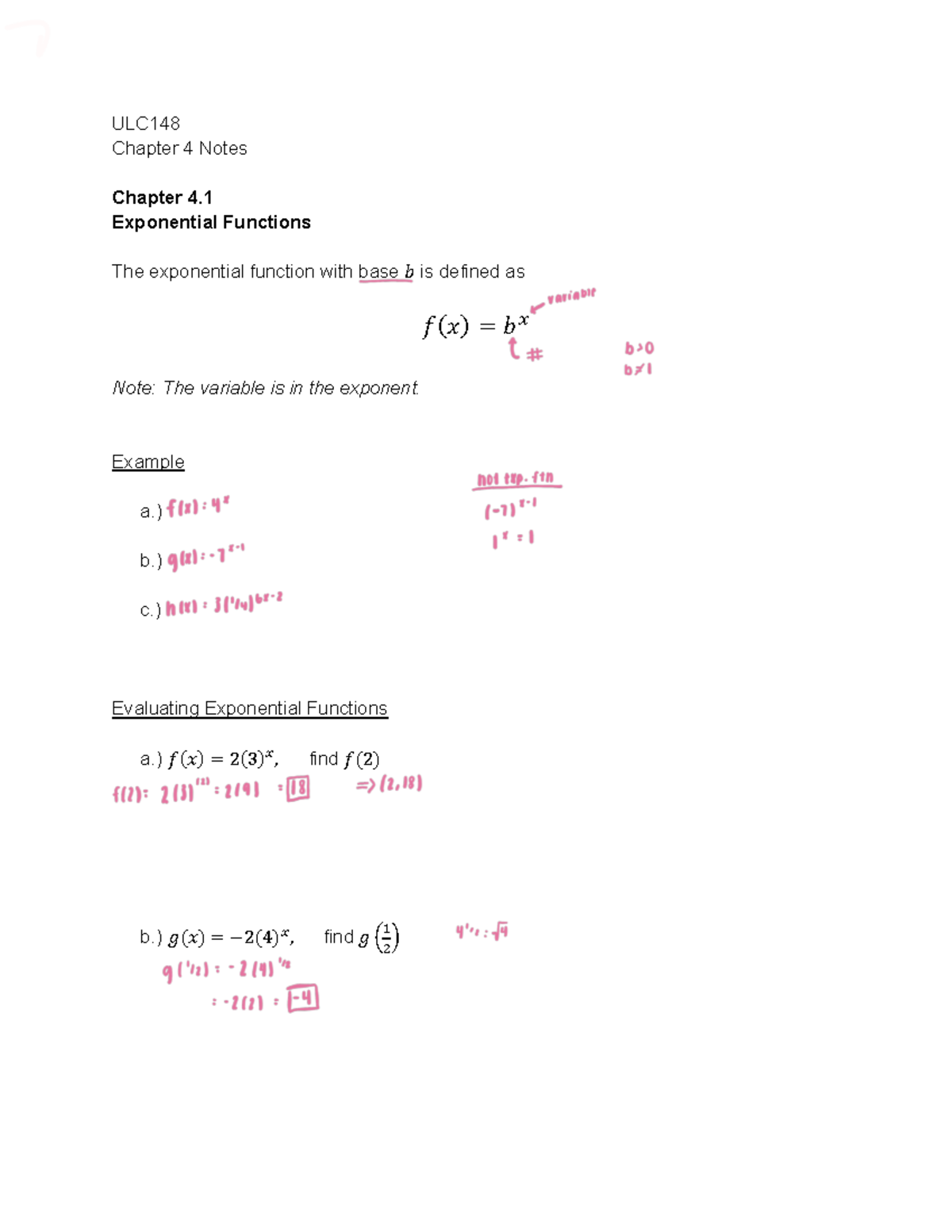 ULC148Ch4 - ch 4.1 notes - ULC Chapter 4 Notes Chapter 4. Exponential ...