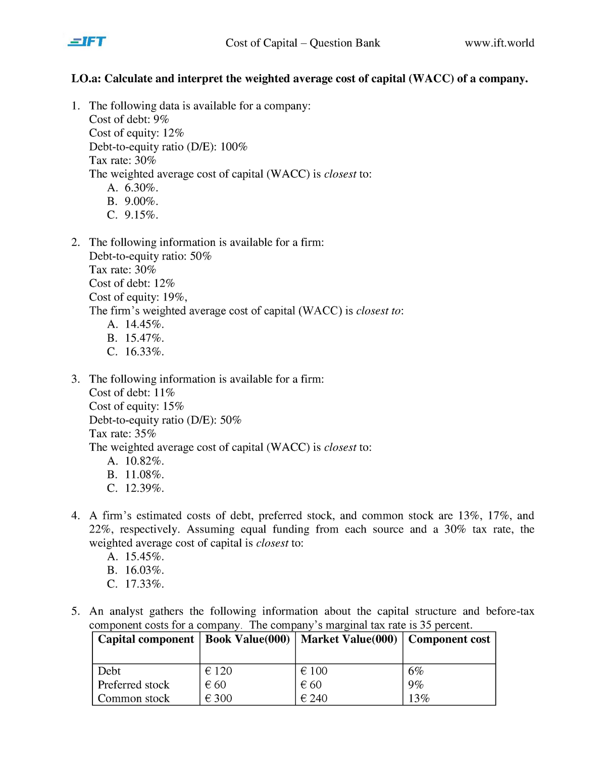 R36 Cost Of Capital Q Bank LO Calculate And Interpret The Weighted 