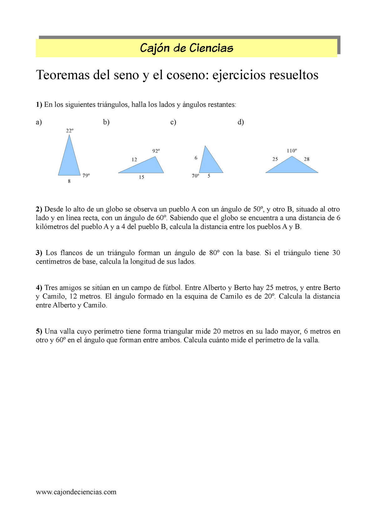 Er Teoremas Seno Y Coseno Teoremas Del Seno Y El Coseno Ejercicios Resueltos 1 En Los 