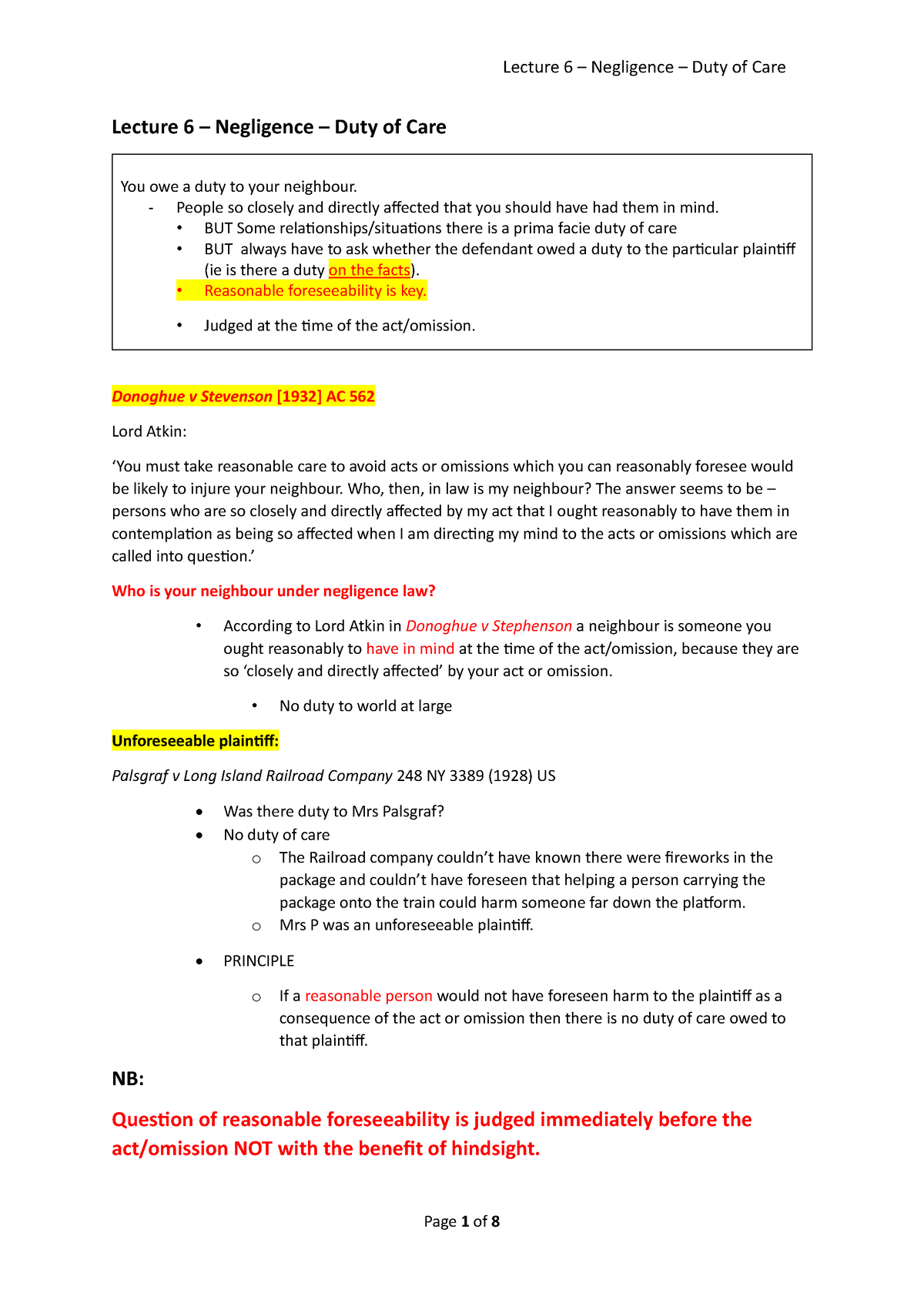 Lecture 6 - Negligence Duty Of Care - Lecture 6 – Negligence – Duty Of ...