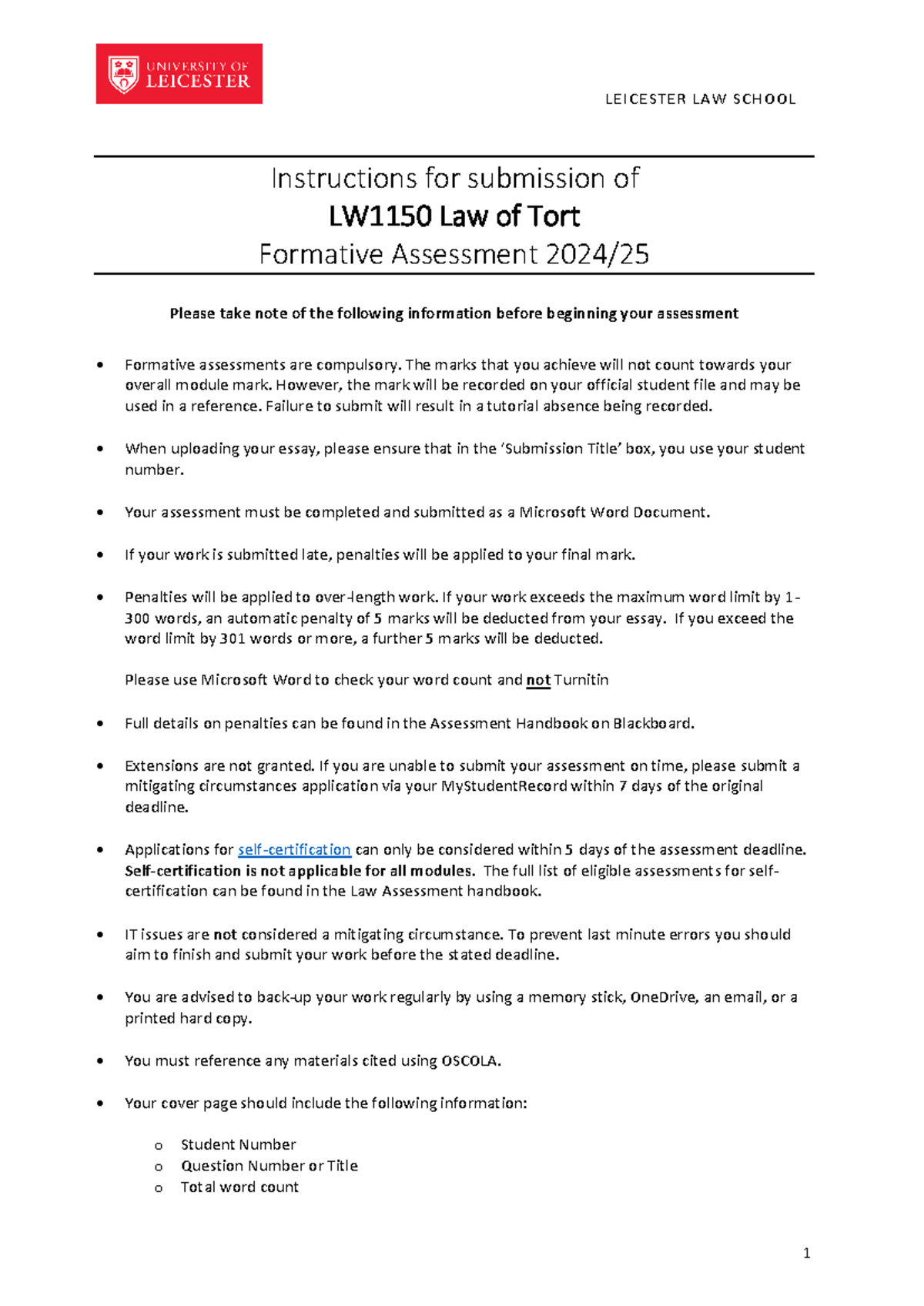 LW1150 Tort Form Sem 1 final - LEICESTER LAW SCHOOL 1 Instructions for ...