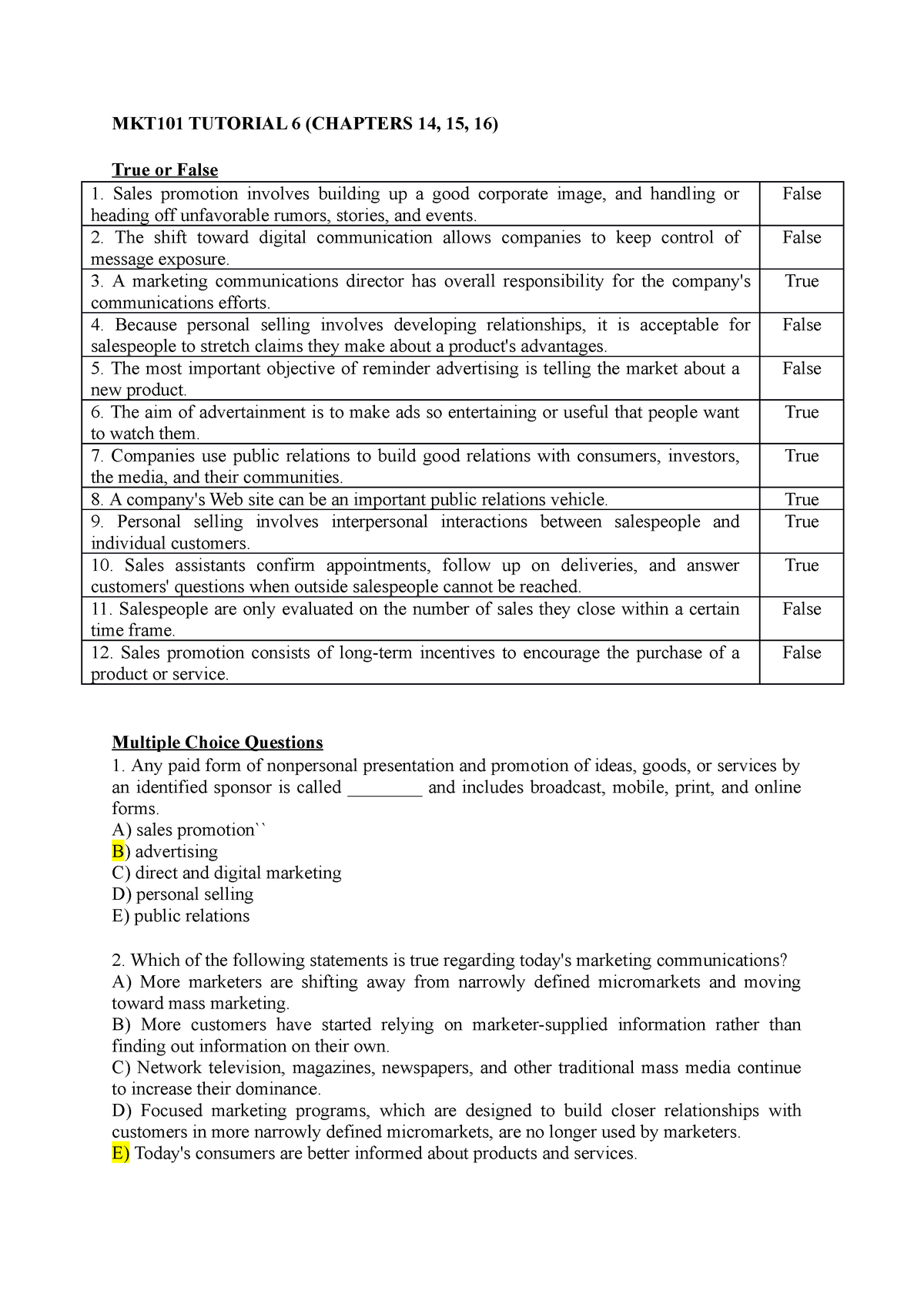 MKT101 Tutorial 6 ( Chaps 14, 15, 16) - MKT101 TUTORIAL 6 (CHAPTERS 14 ...