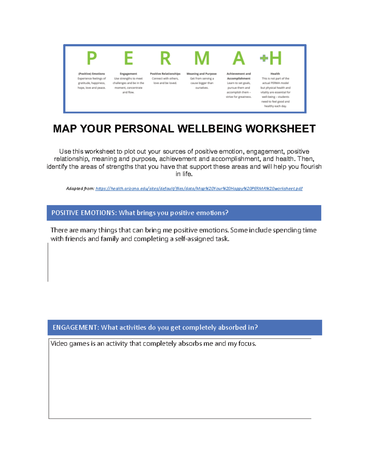 Map Your Personal Wellbeing Perma Worksheet - ! ! - Studocu