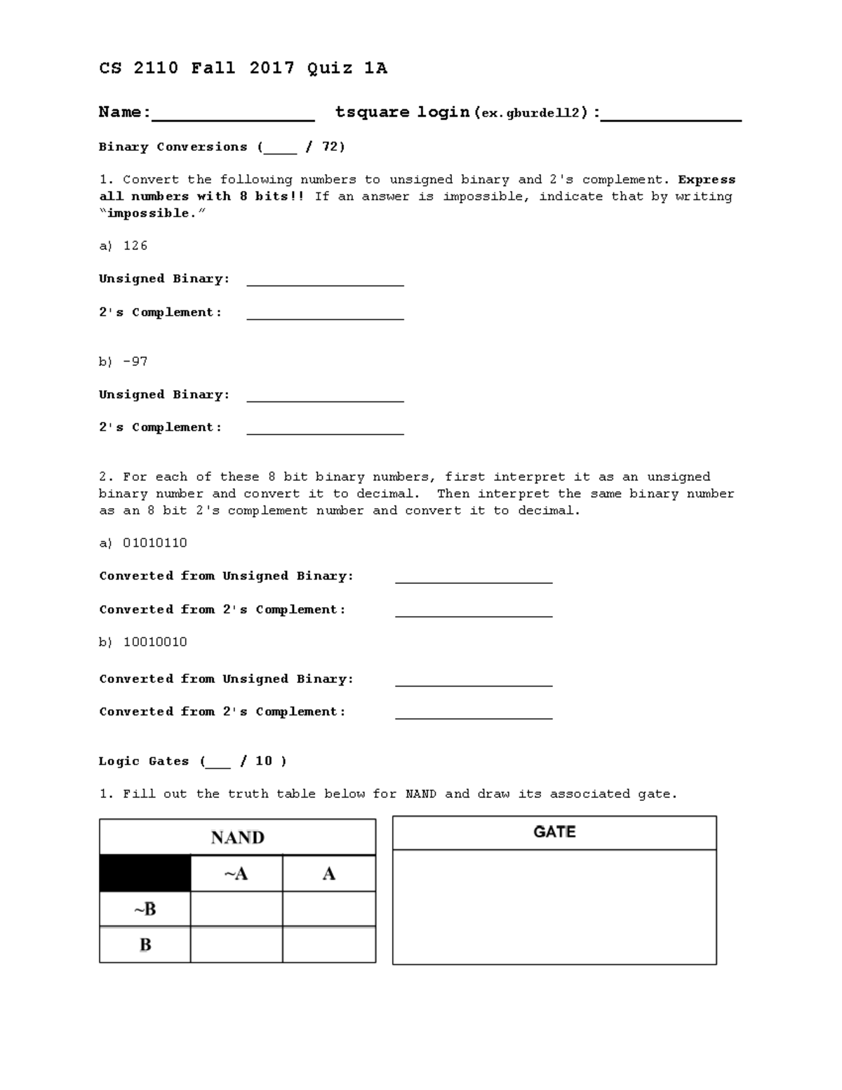 FA17 Quiz 1A Practice Quizzes CS 2110 Fall 2017 Quiz 1A Name