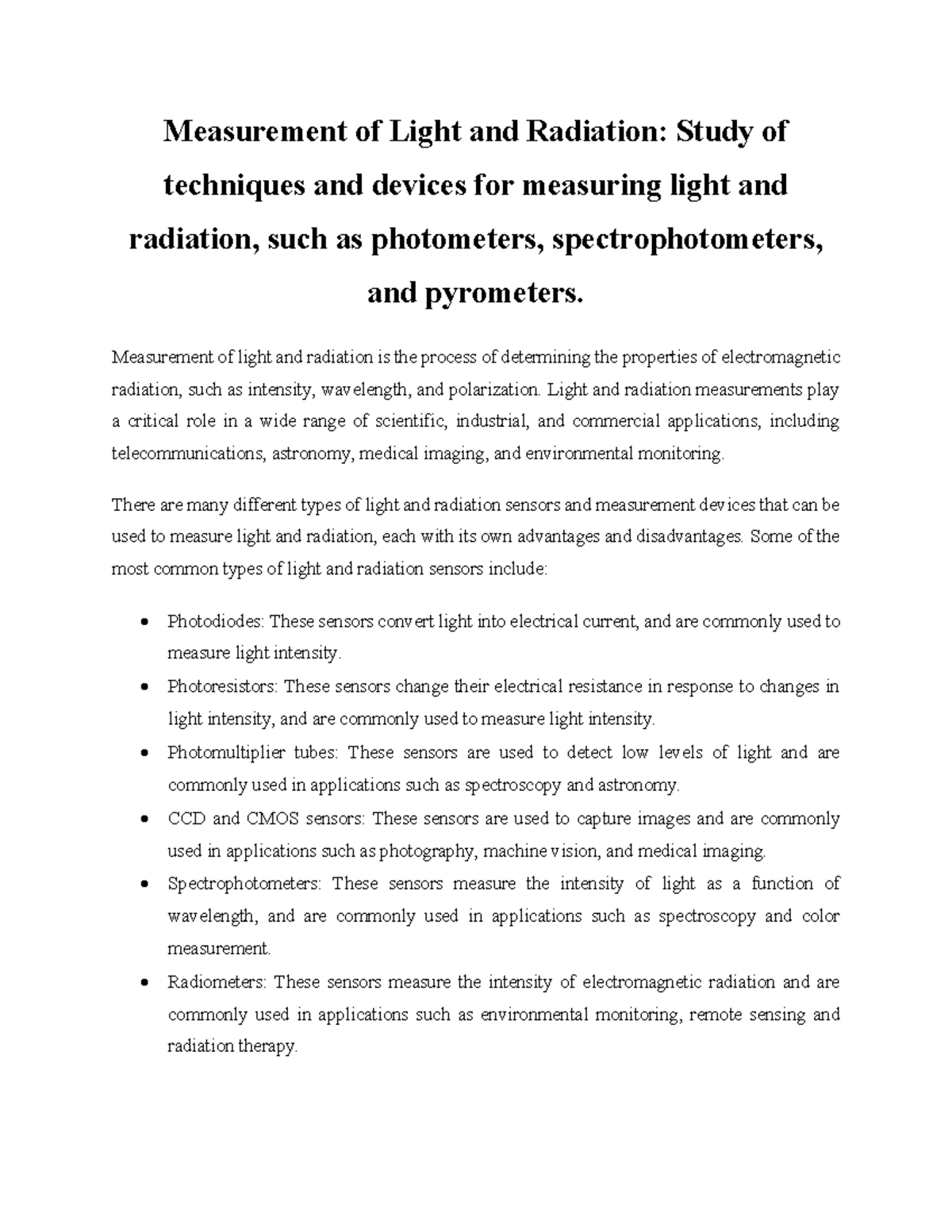 Measurement of Light and Radiation Measurement of light and radiation