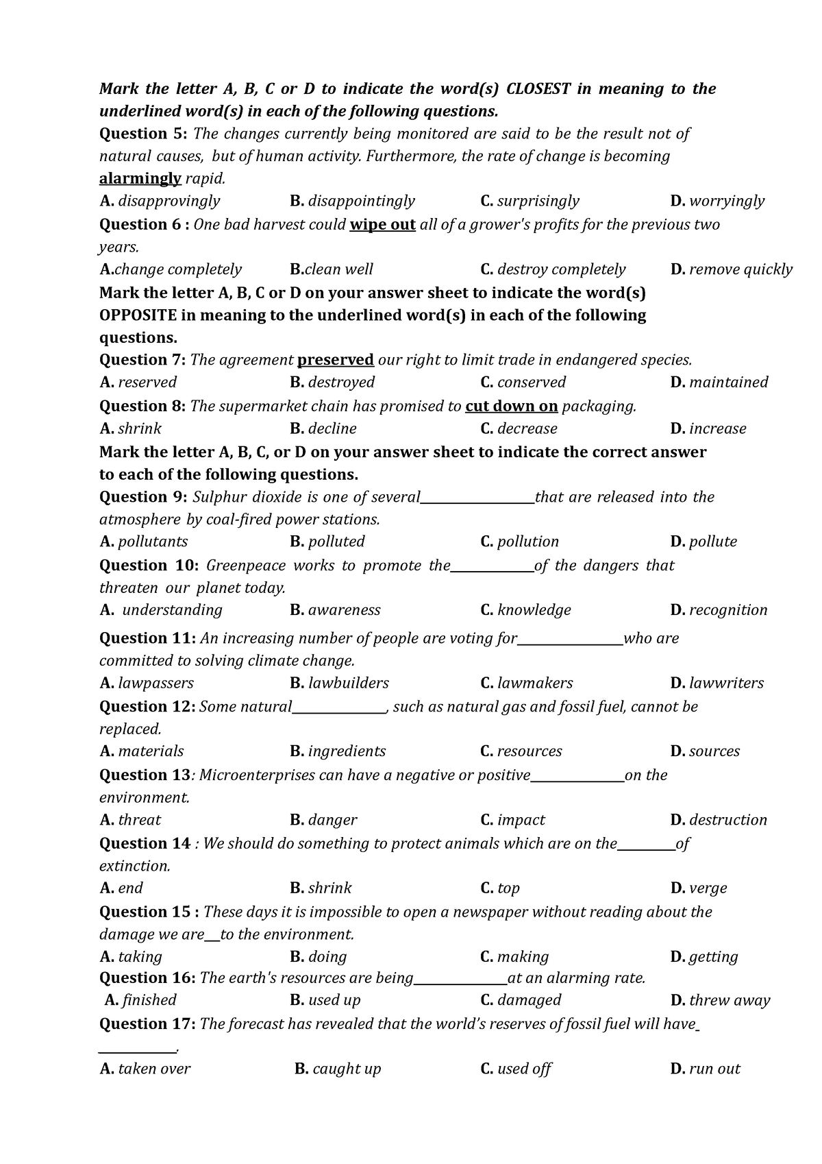 day-1-vocabulary-topic-environment-mark-the-letter-a-b-c-or-d-to