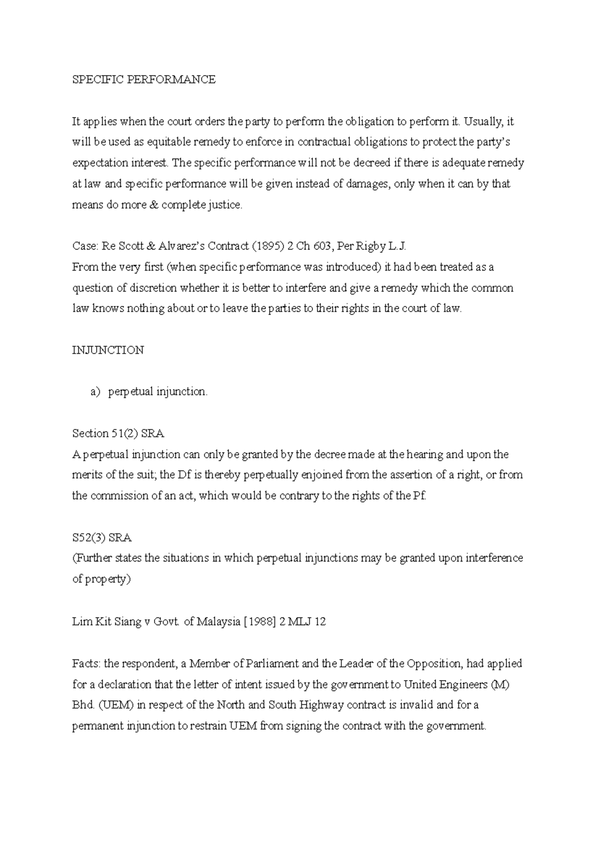 Specific Performance & Injuction Notes - SPECIFIC PERFORMANCE It ...