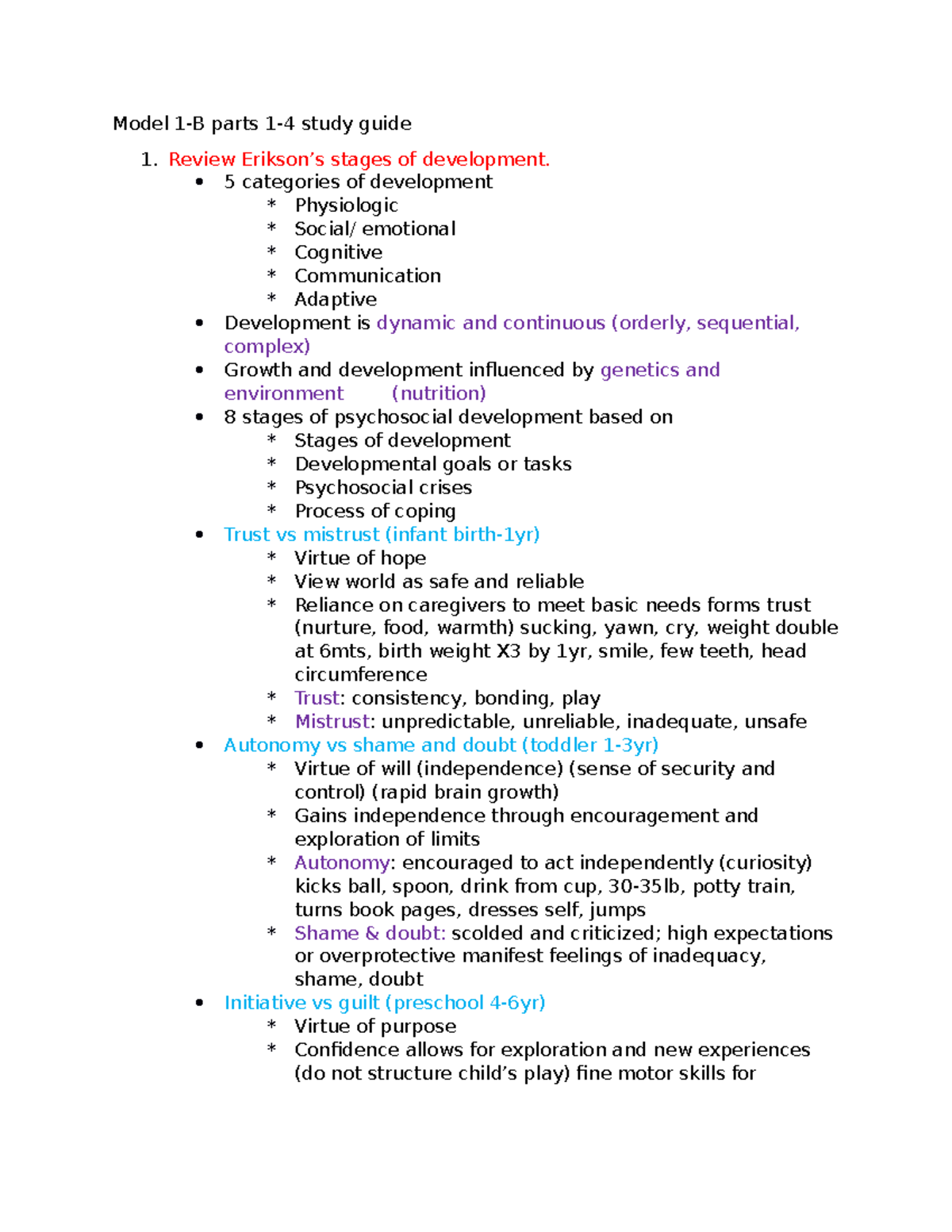 Erikson's Stages - Model 1-B parts 1-4 study guide Review Erikson’s ...