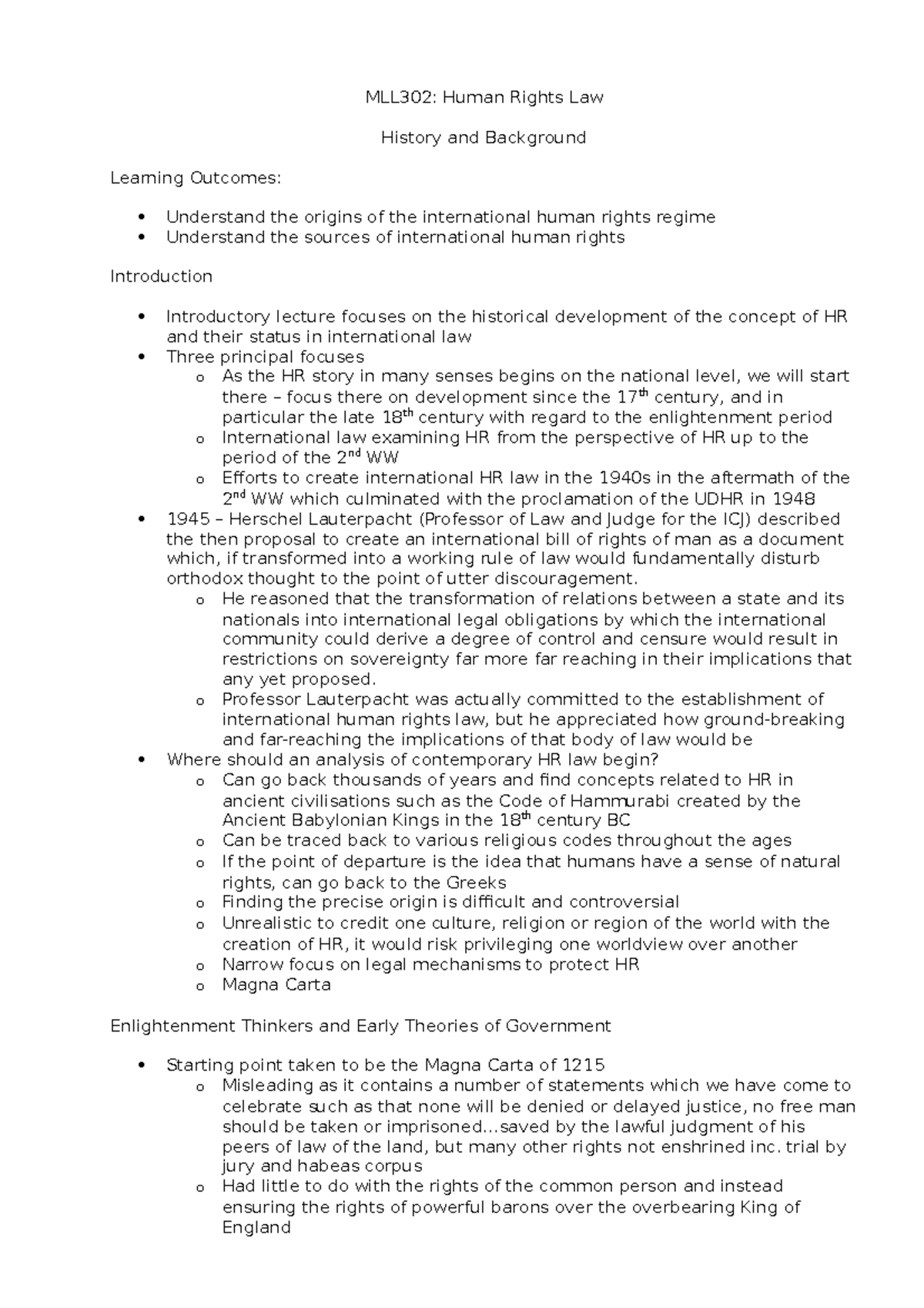 Detailed Topic 1 Notes - MLL302: Human Rights Law History and ...