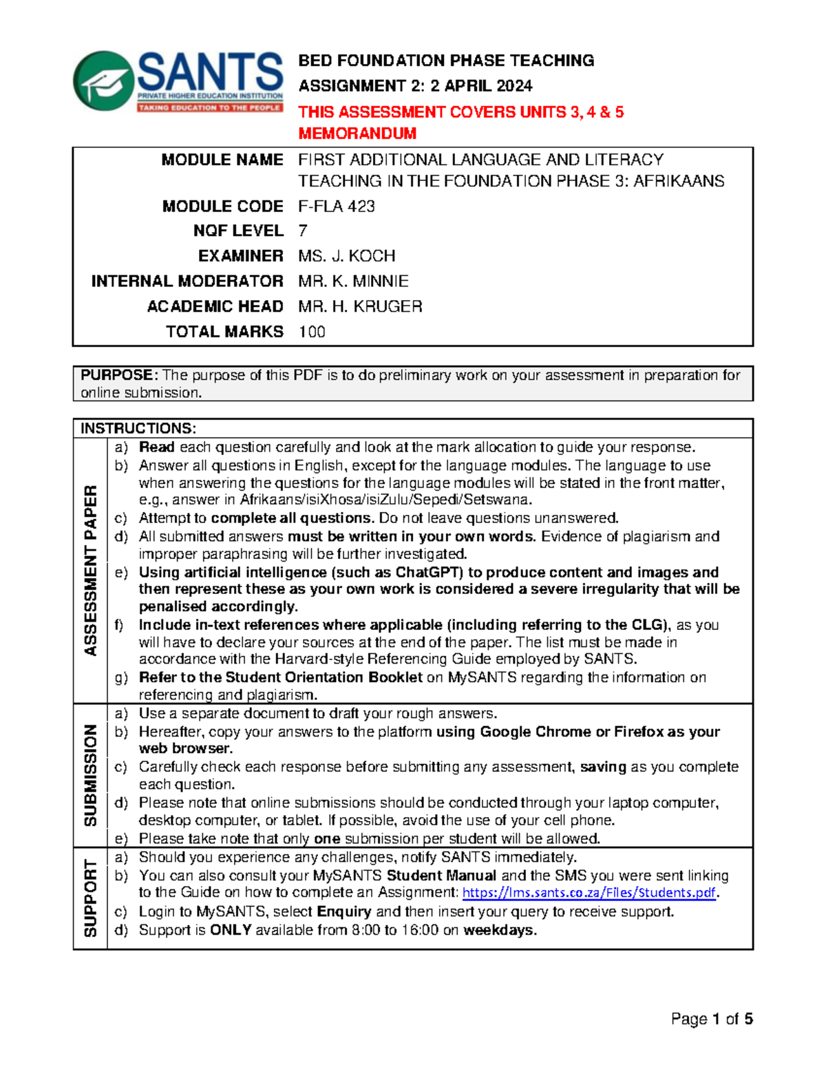 S202 BED FOUNDATION PHASE TEACHING ASSIGNMENT 2 2 APRIL 2024 THIS