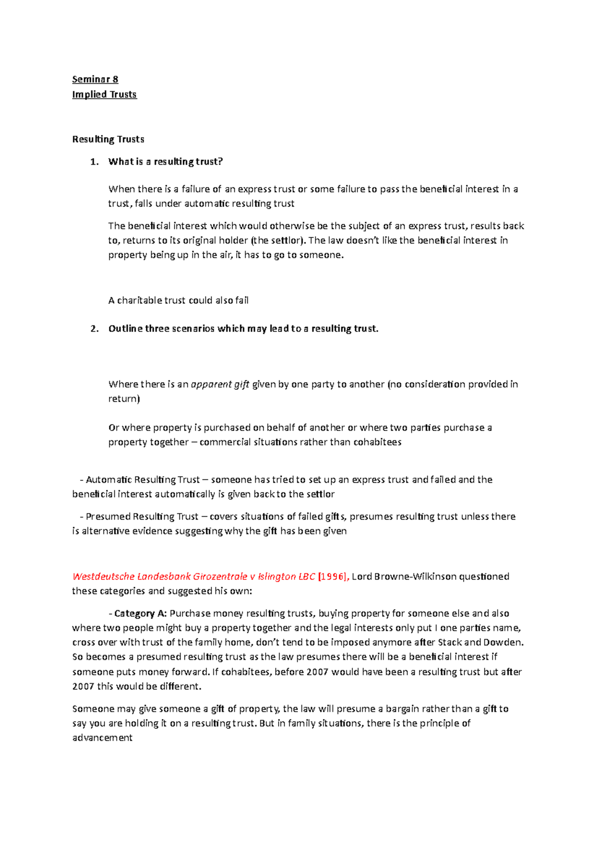 Equity Seminar 8 - Seminar 8 Implied Trusts Resulting Trusts 1. What Is ...
