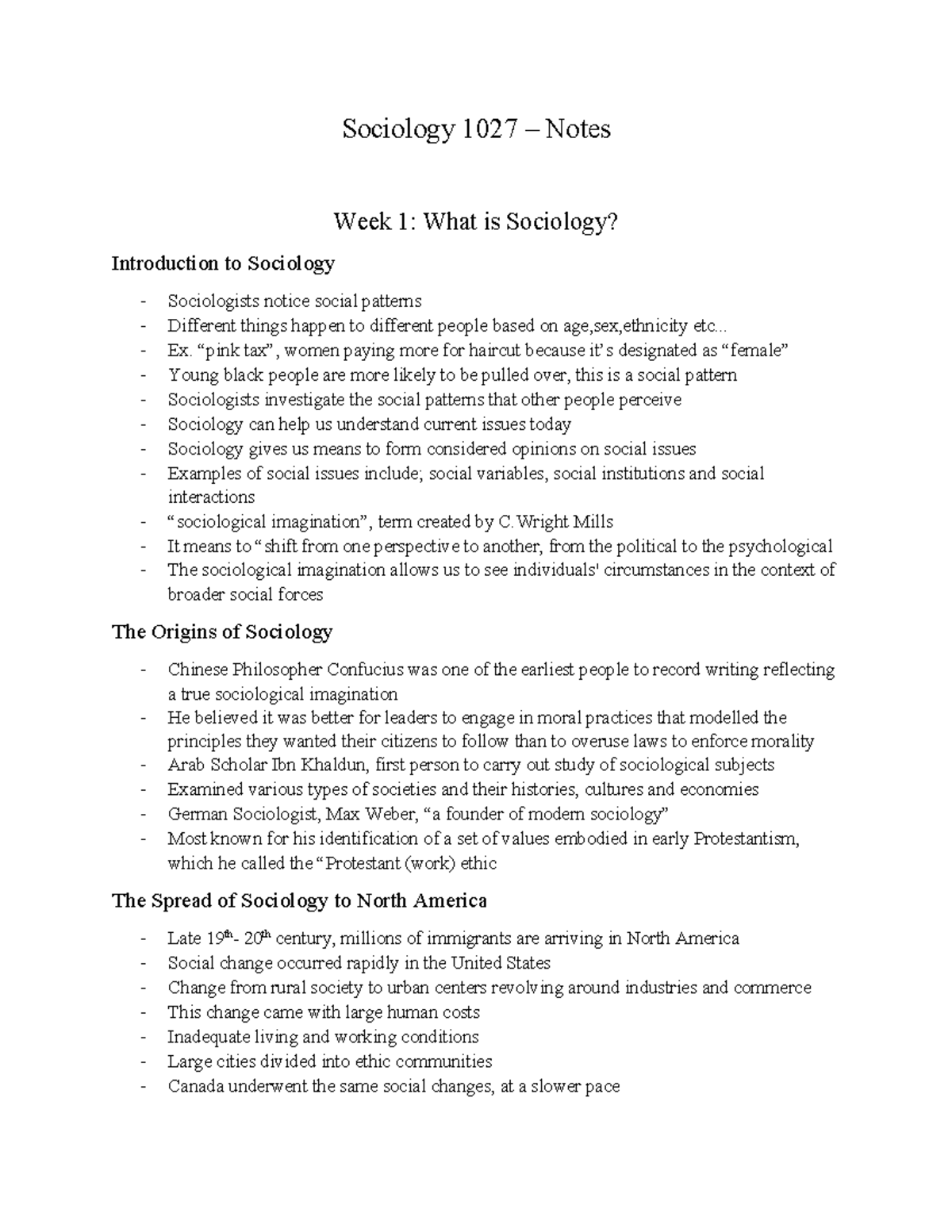 Sociology 1027 - Notes - Sociology 1027 – Notes Week 1: What is ...